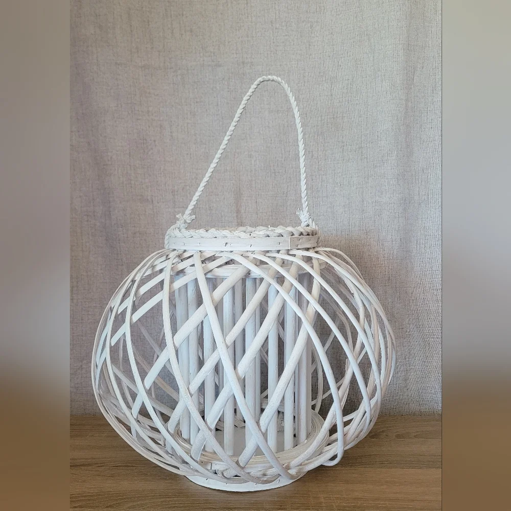 Large White Woven Lantern Wicker Beach Nautical